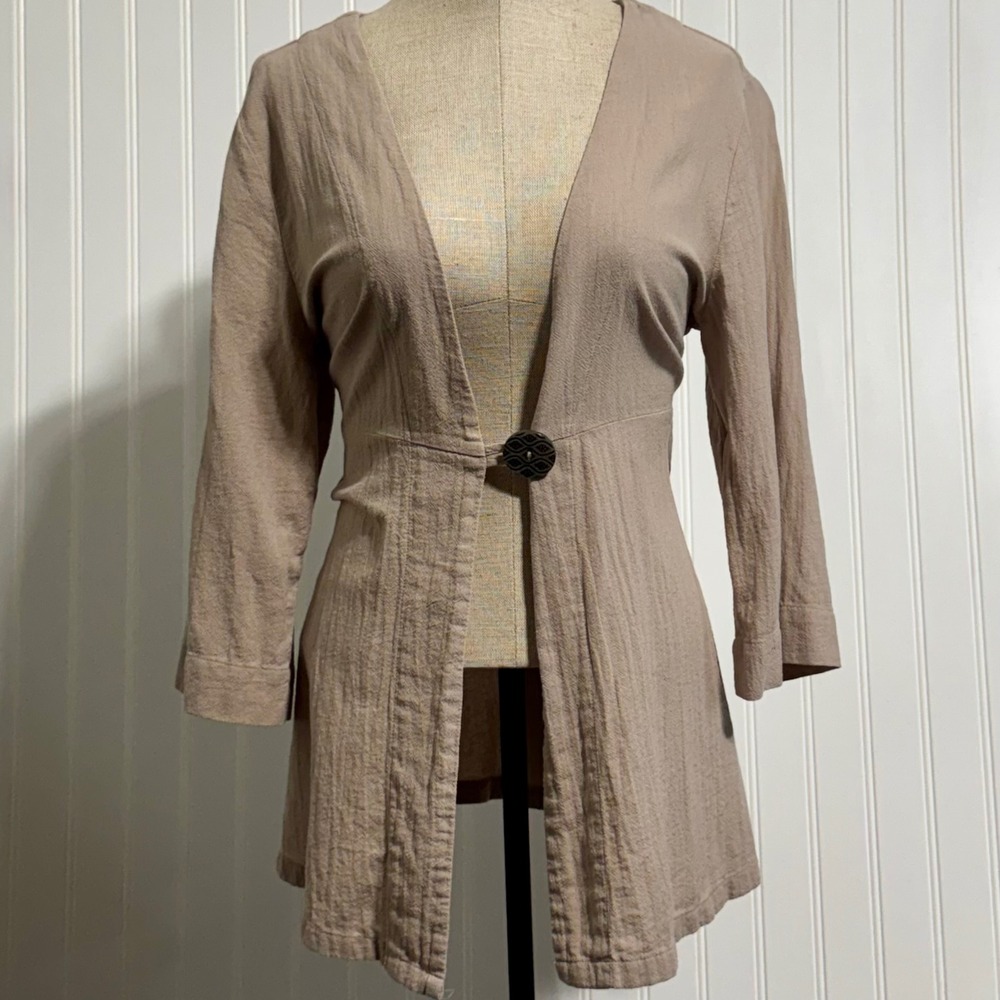 Soft Surroundings Womens PS Single Button Cardigan‎ Cotton Tan Lagenlook Texture